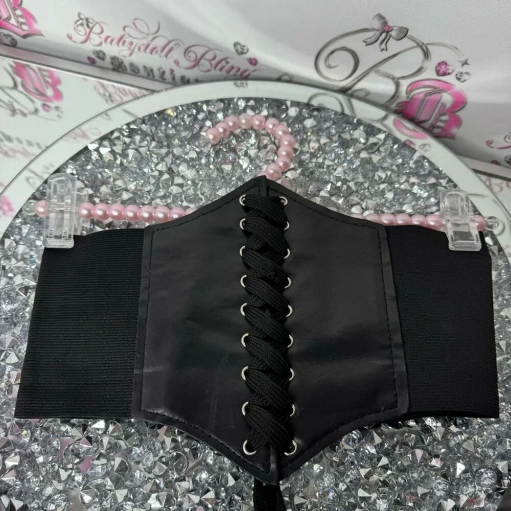 Corset belt waist cinch Velcro one size fits all black silver bustier lace up